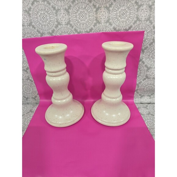 Pair 6" Cream Speckled Ceramic Taper Candle Holders Farmhouse Rustic Mantel - Picture 1 of 5